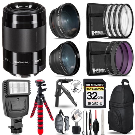 Sony E 50mm f/1.8 OSS Lens (Black) -3 Lens Kit + Slave Flash + Tripod - 32GB Accessory Bundle