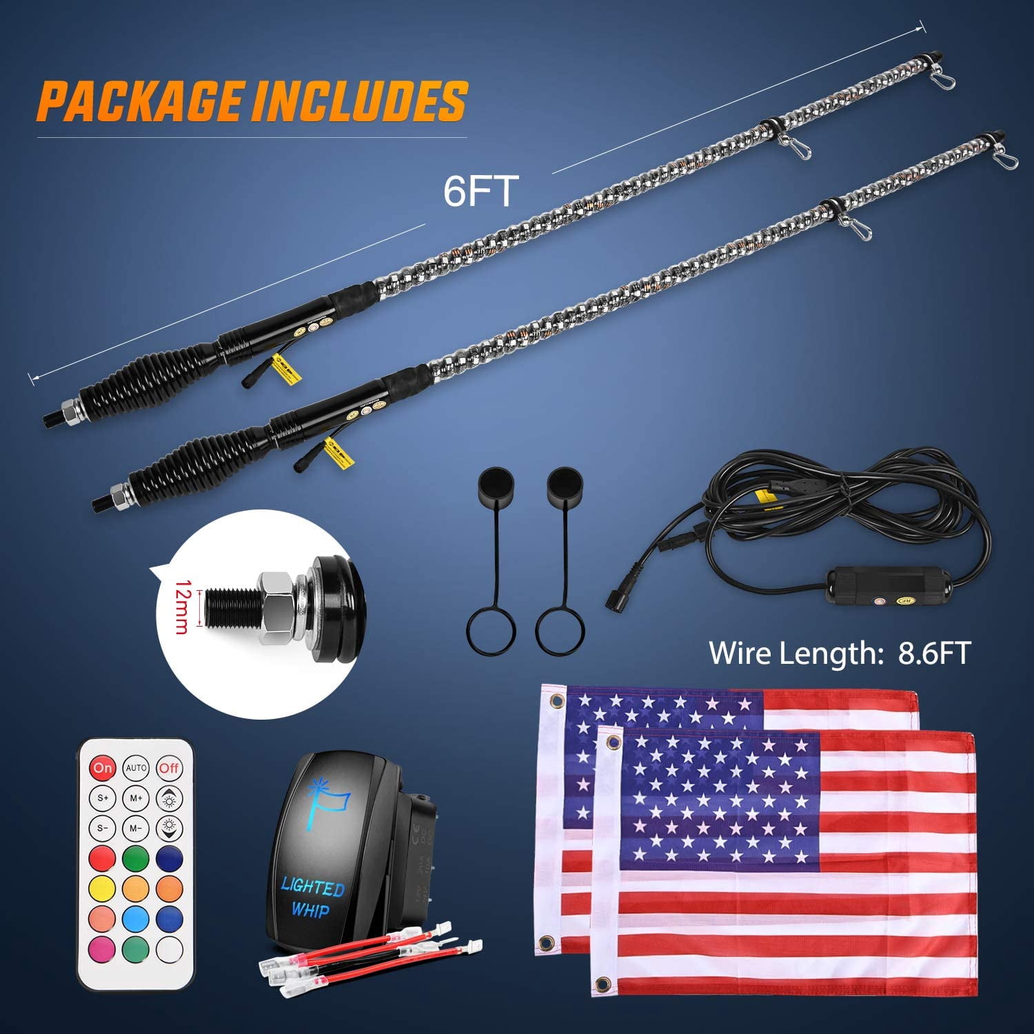 Nilight 2PCS 6FT Spiral RGB Led Whip Light with Spring Base Chasing Light RF Remote Control Lighted Antenna Whips for Can-Am ATV UTV RZR Polaris Dune Buggy Offroad Truck
