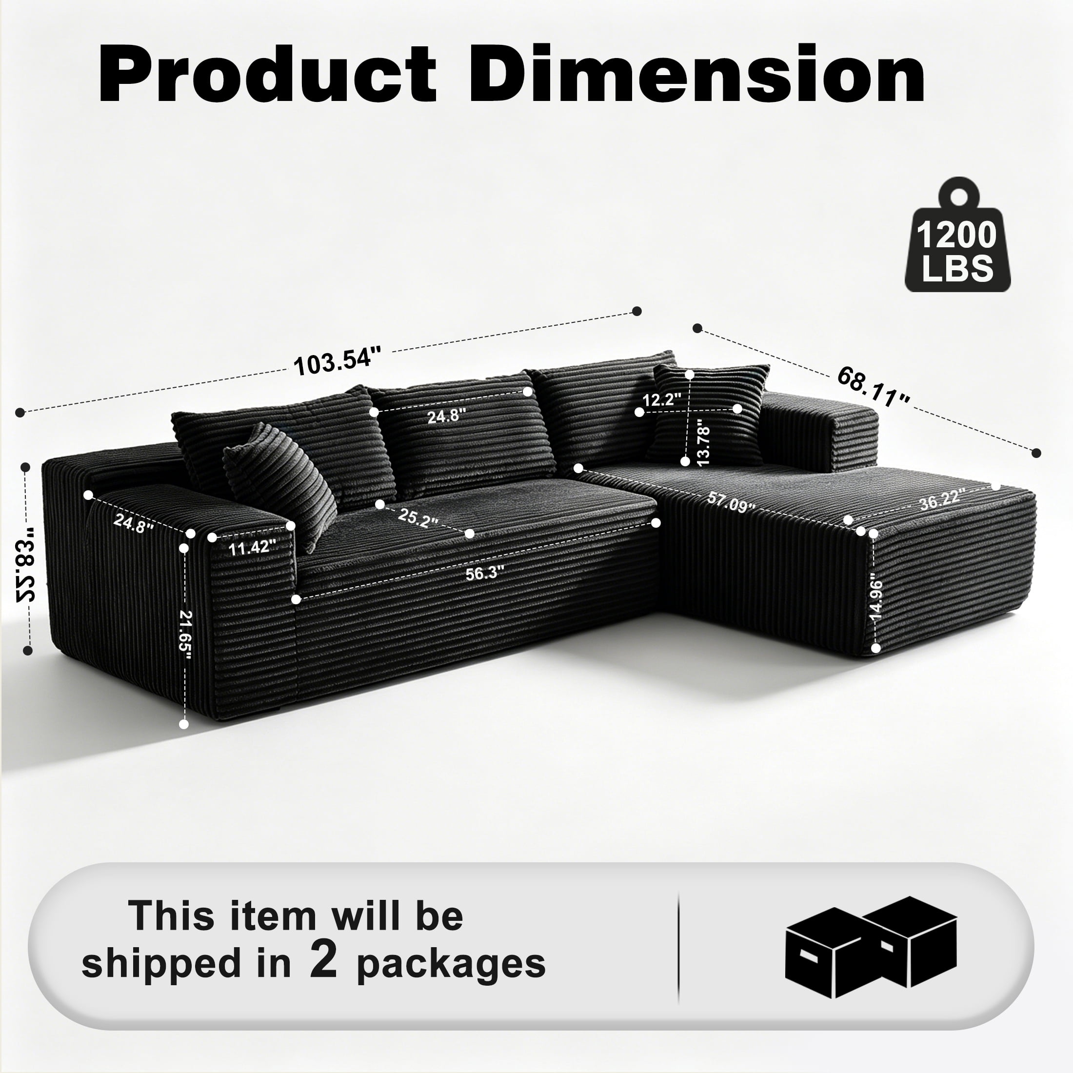 Xiweot 103" Cloud Sectional Couch for Living Room, Memory Foam Sectional Sofa with Deep Seat, Corduroy L Shaped Modular Sectional Couch with Right Facing Chaise, Black