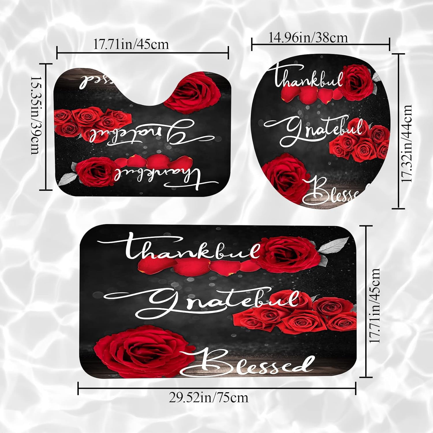 Red Rose Shower Curtain Sets, Thankful Grateful Blessed Bathroom Curtain with Non-Slip Rug, Toilet Lid Cover, Bath Mat and 12 Hooks, Romantic Showy Floral Wedding Decor for Bath