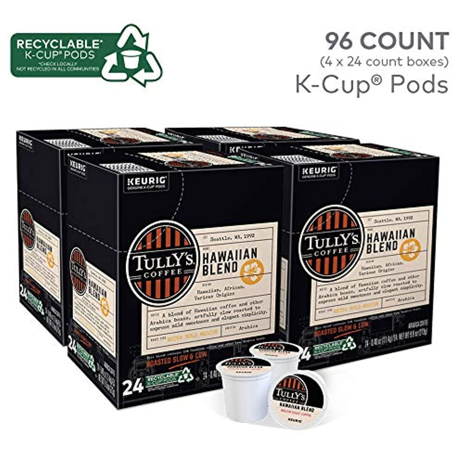 Tullys Coffee Hawaiian Blend, Medium Roast, Keurig Single-Serve K-Cup Coffee Pods, 96 Count