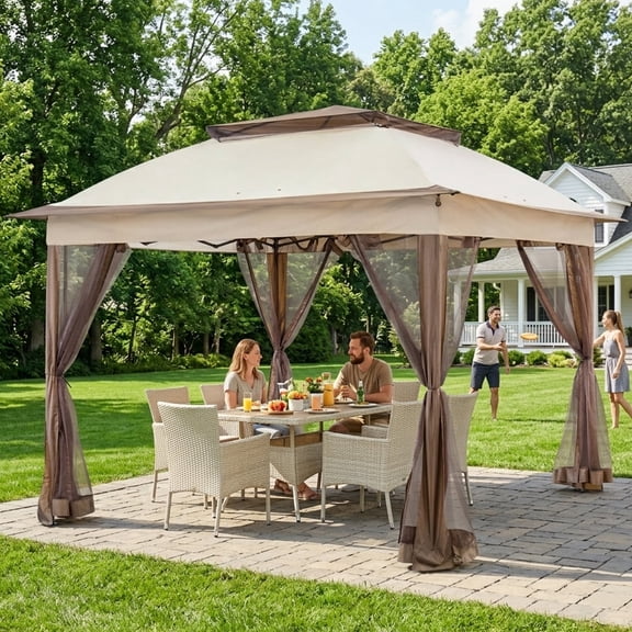 COOS BAY 11x11 Pop-Up Instant Gazebo Tent with Mosquito Netting Outdoor Canopy Shelter with 121 Square Feet of Shade, Beige