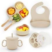 WANGQIANG Silicone Baby Feeding Set, Baby Led Weaning Supplies, Baby Food Tableware Silicone Suction Plate, Bowl, Spoons, Fork, Waterproof Bib, Cup & Complementary Food Cake Mold, Baby Eating Utensils