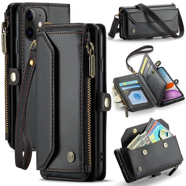 Bandolera para Billetera con Funda para iPhone 11【Bloqueo RFID】con Ranura para Billetes con Cremallera y 7 Tarjeteros, Correa Magnética para Hombro y Muñeca de Cuero PU Suave para Billetera