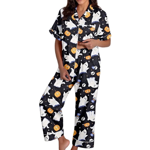 Cute Pajamas Black Pumpkin‑print Short‑sleeve Button‑top And Wide‑leg Pants Nightwear Pjs Sets for Women XXL