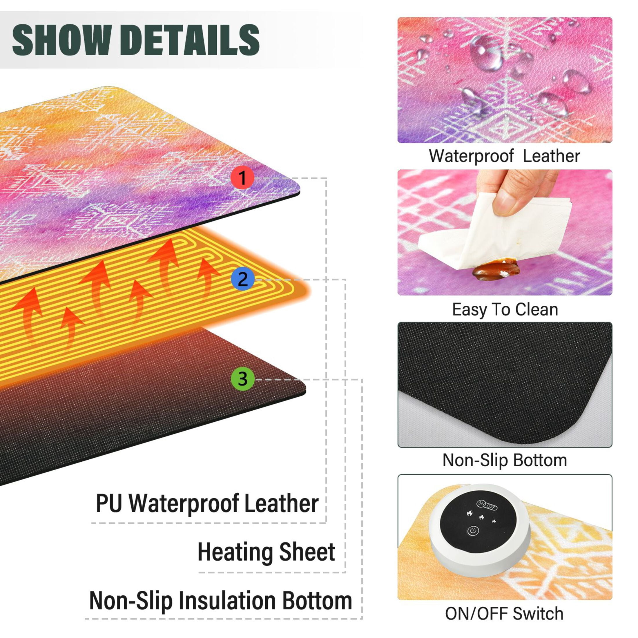 Large Heated Desk Mat Mouse Pad 31.5"x13"PU Leather Graphene Heating Desk Warmer with 3 Temperature Settings 110V US Plug Non-Slip Warm Pad for Home, Office, and Gaming Ombre Ethnic Geometric Print