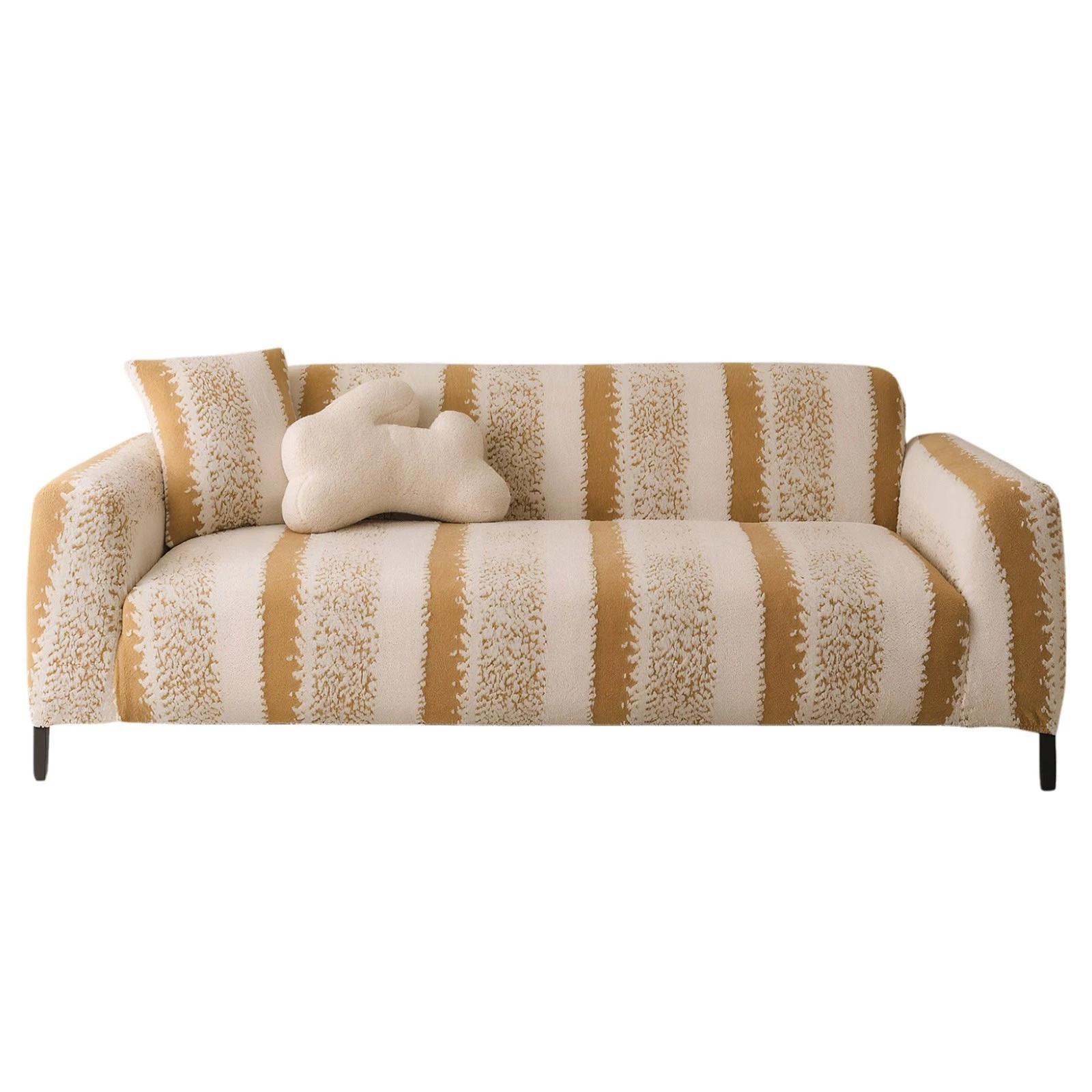 TOPCHANCES Stretch Stripe Sofa Covers, Soft Cotton Blend Velvet Fabric Armchair Loveseat Sofa Slipcover, Non-slip Couch Protector Settee Cover, Friendly to Pets (4-Seater Sofa Cover, Stripe Khaki)