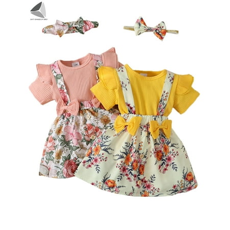 UPC: 0840271585727 | Sixtyshades Newborn Baby Girl Summer Clothes Set Ruffle Sleeve Floral Romper + Suspender Skirt with Headband (3-6 Months Yellow)