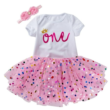 

AIMAOMI 3PC Toddler BabyGirls Birthday Printing Short Sleeve Romper Dot Gauze Skirt Suit H