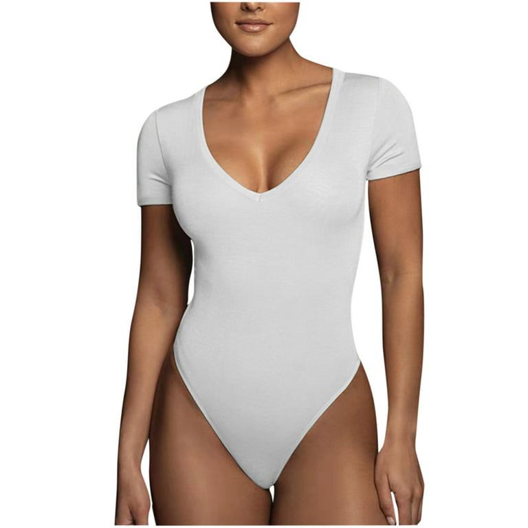 Women's Scoop Neck Long Sleeve Bodysuit, Stretchy Basic Tummy Control Thong  Bodysuit Jumpsuits Tops (Color : White, Size : Small)