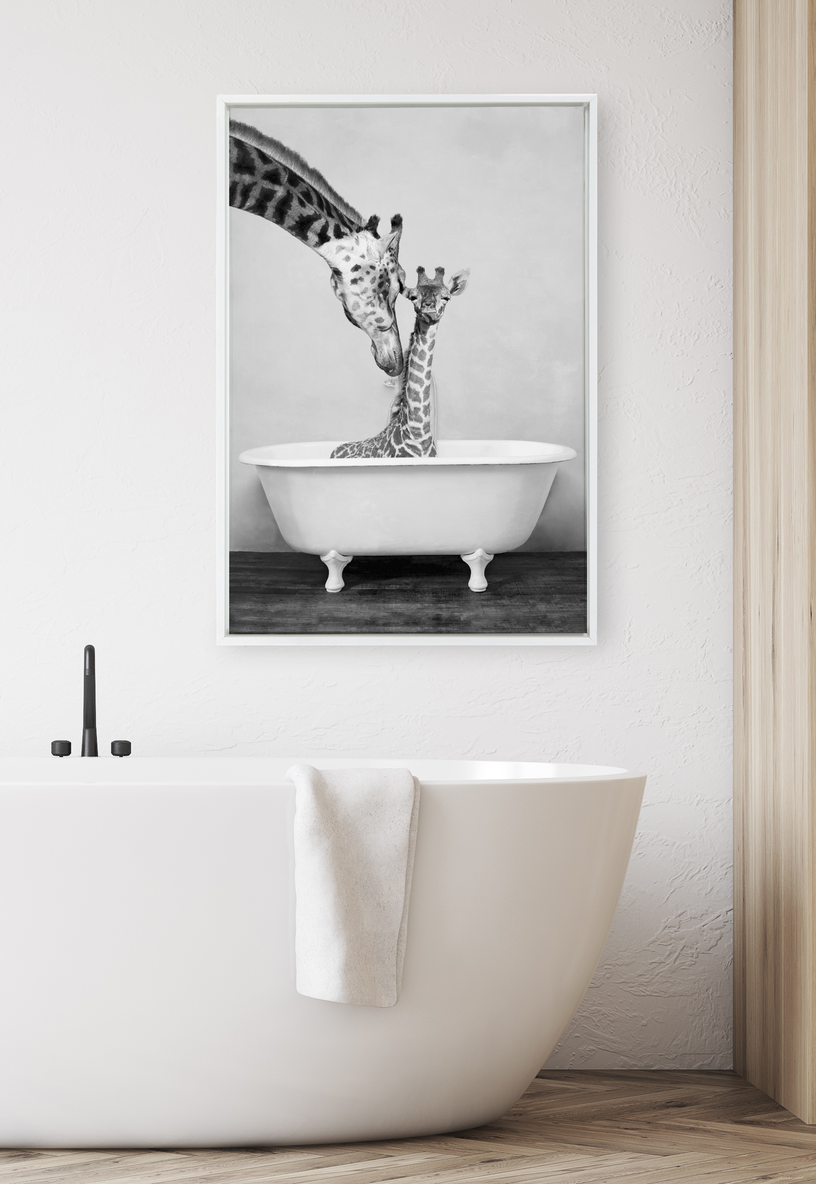 DesignOvation Sylvie Giraffe in Tub Framed Canvas Wall Art By Amy Peterson, 23x33 White, Humorous Animal Wall Decor