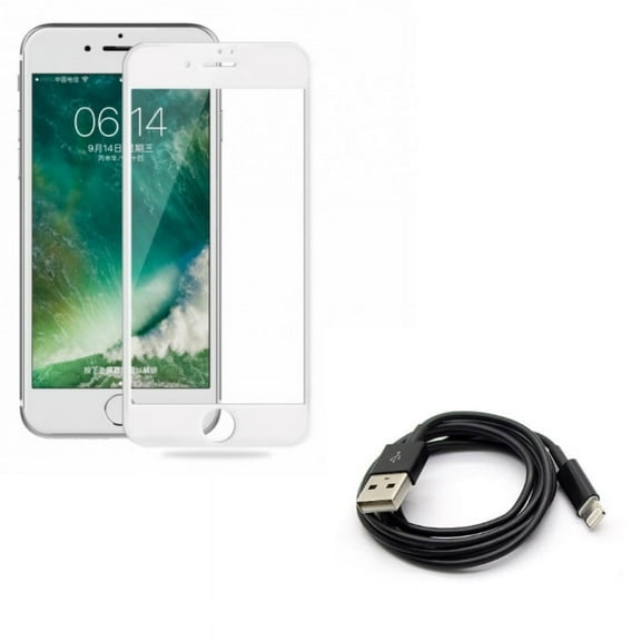 iPhone 8/7/6S/6 - Charger Cord 6ft USB Cable w Ceramics Screen Protector - Power Wire Long Sync Fast Charge, Matte White 3D Curved Edge Full Cover Anti Glare for iPhone 8/7/6S/6