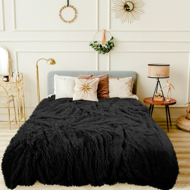 Warm Shaggy Faux Fur Plush Queen Blanket Full/Queen Black