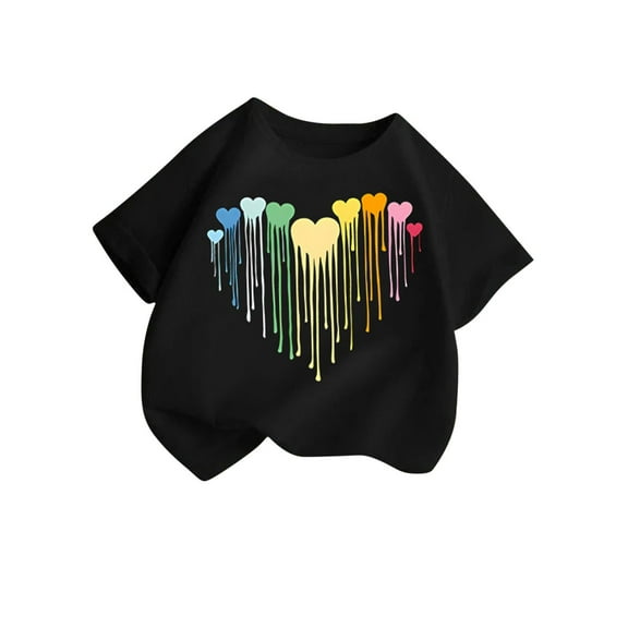 Qingpeng Girls Casual Short Sleeves T Shirts Kids Loose Soft Heart Print Tunic Tops