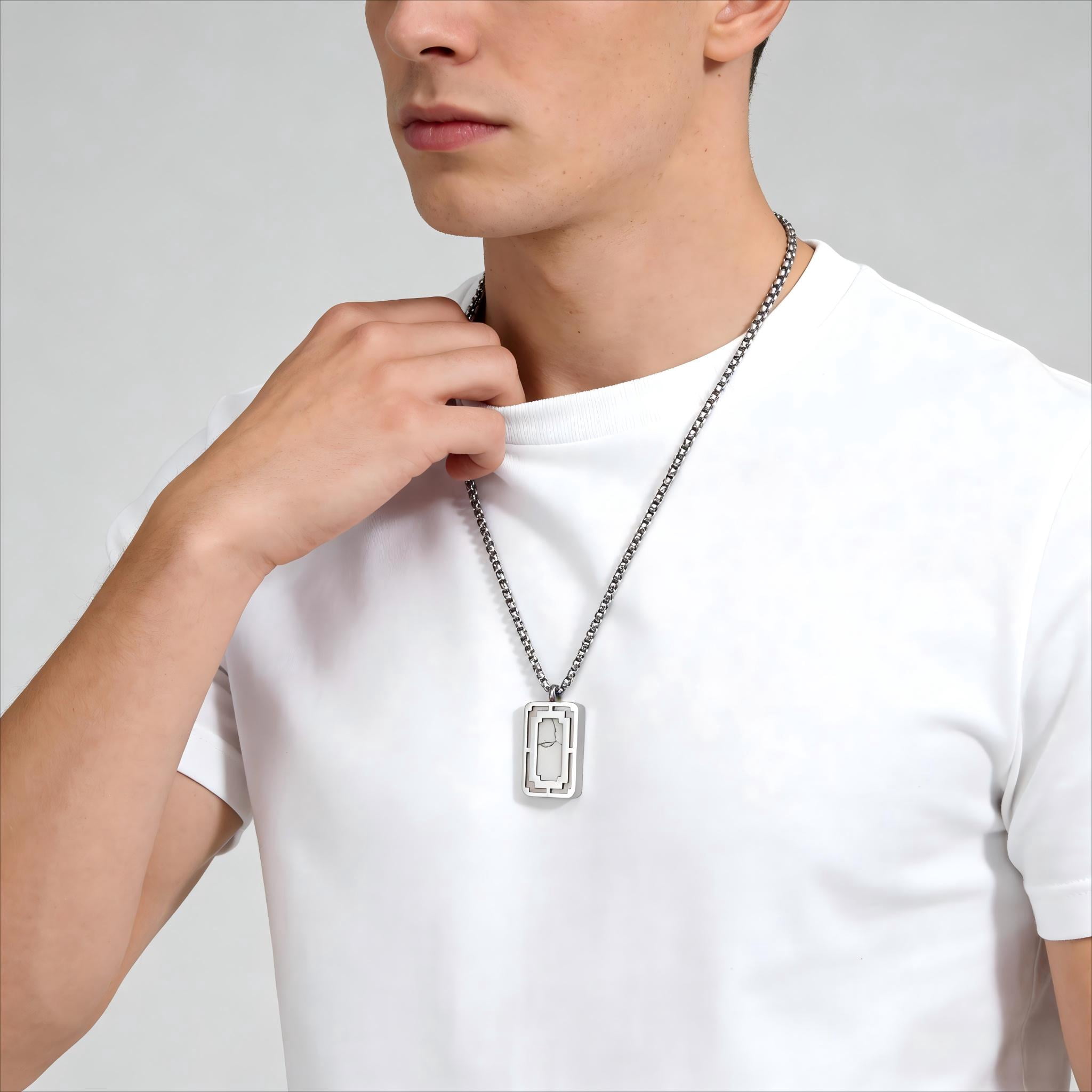 Iron Saints Men White Marble Stone Pendant Necklace, Stainless Steel, Natural Gems Men Jewelry