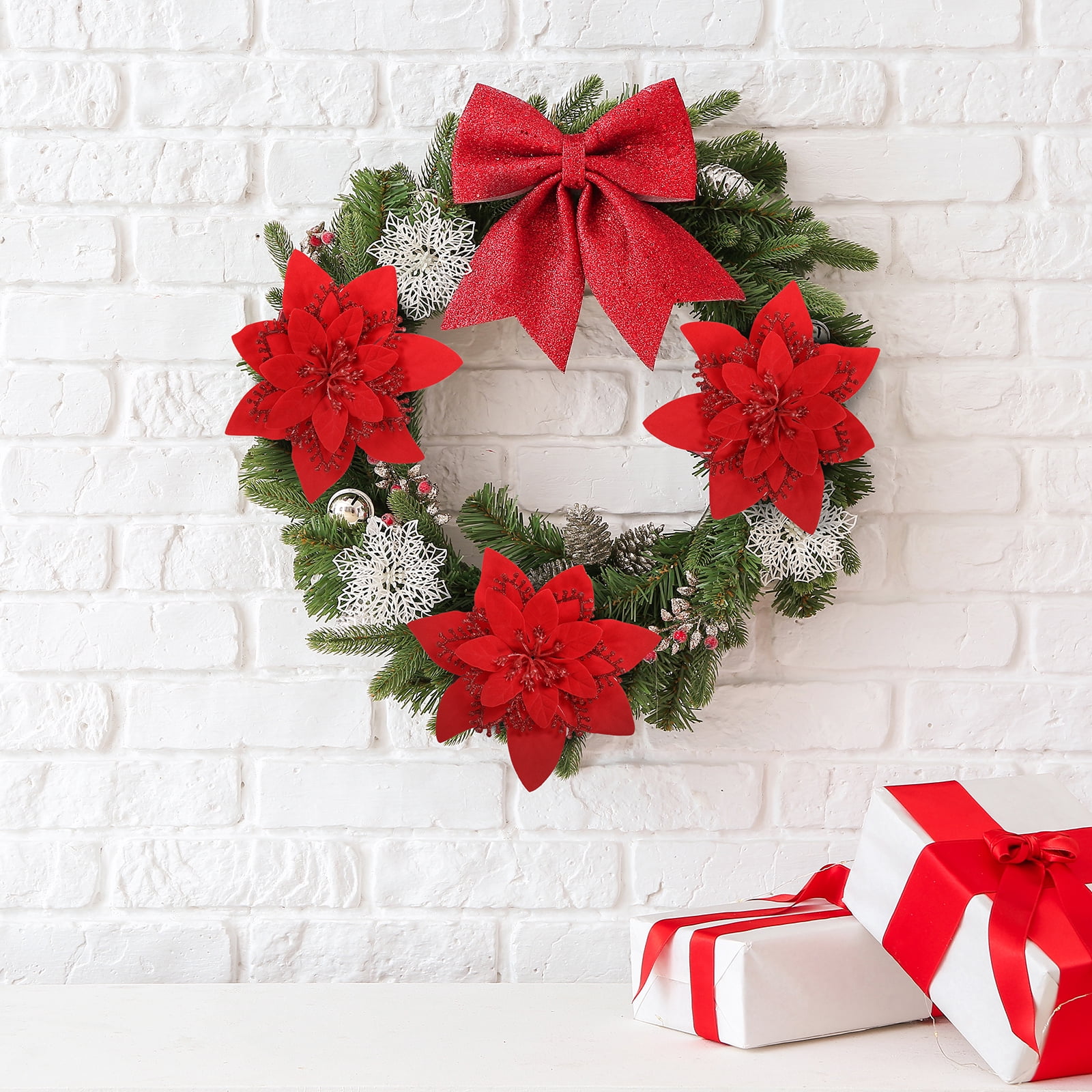 12 Pack 5.5" Artificial Poinsettia Christmas Tree Ornaments Decorations, Red
