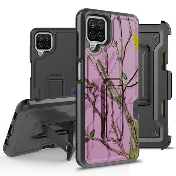 ANJ Rugged Hybrid Shockproof Case w/Kickstand Holster Clip Card Slot Cover for Samsung Galaxy A12 (2021 Release) - Pink Tree Camo