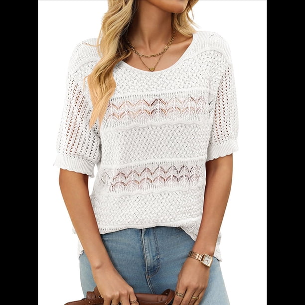 Suéteres de Corta para Mujer, Suéter de Cuello Redondo de Verano, Tops de Crochet. S