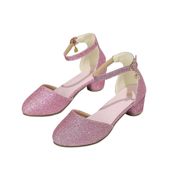 DMDUOU Children's Velvet Pumps Ankle Strap Closed Toe Flats with Pearls Wedding Comfort Low Heel Evening Dress Shoes Pink 6 Years