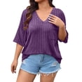 thumbnail image 4 of vdgthytj Womens Plus Size Tops Short Sleeve V-Neck Ribbed Knit Sweater Loose Fitted Summer Casual Tunic with Pocket, 4 of 7