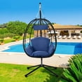 thumbnail image 2 of UHOMEPRO Hanging Wicker Egg Chair with Stand and Cushions, Outdoor Patio Foldable Swing Egg Chair, 350lbs Capacity All-Weather Rattan Hammock Chair for Patio Balcony Porch Garden, Navy Blue, 2 of 13