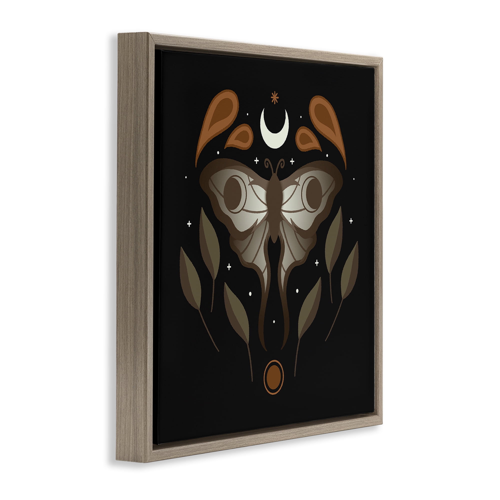 Stupell Industries Celestial Moth & Leaf Sprigs Animals Painting Brown Floater Framed Canvas Art Print Wall Art, 18 x 18