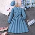 thumbnail image 2 of WUANDIXFA Girls Long Sleeve Dress with Hat, Lapel Collar Button Down Midi Dress Swing Casual Dresses with Belt (Blue, 9-10 Years), 2 of 9