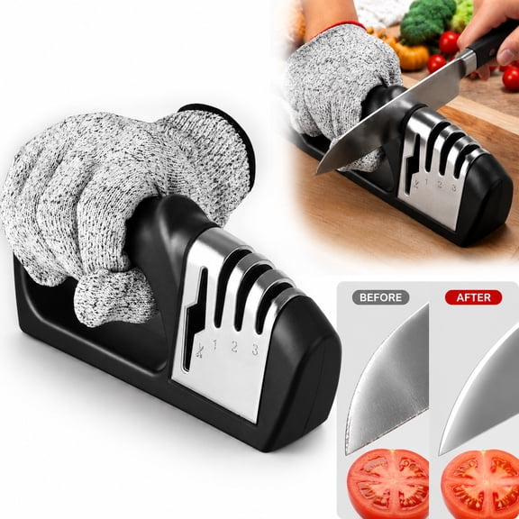 4-in-1 Knife Sharpener, 3-Stage Manual Sharpener - Ceramic Stone, Tungsten Carbide Plates, Diamond Rods - Sharpens Kitchen Knives & Scissors - Fast & Easy, Long-Lasting Sharpness