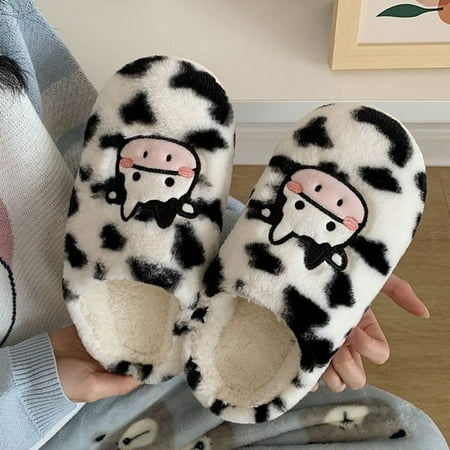 

QWZNDZGR Cute Animal Slipper For Women Fashion Kawaii Fluffy Winter Warm Slipper Couples Cartoon Milk Cow House Slides Furry Funny Shoes