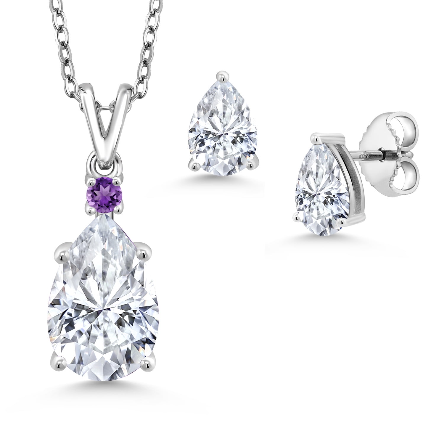 Gem Stone King 925 Sterling Silver White Moissanite and Purple Amethyst Pendant and Earrings Jewelry Set for Women | 4.47 Cttw | Gemstone Birthstone | Pear Shape 12X8MM and 7X5MM | with 18 inch Chain