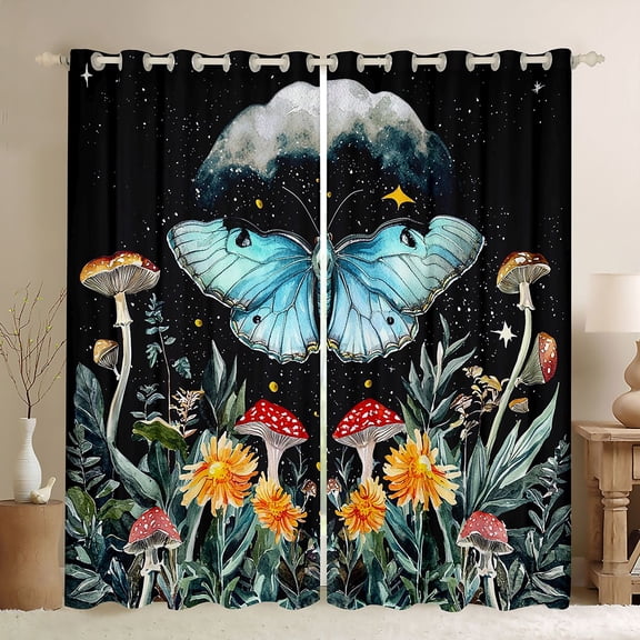 Feelyou Dreamy Blue Butterfly Black Out Curtains for Teens, Jungle Mushroom Flower Curtains Pack of 2 (42x63 Each), Boho Animal Bedroom Curtains, Living Room Curtains Decor