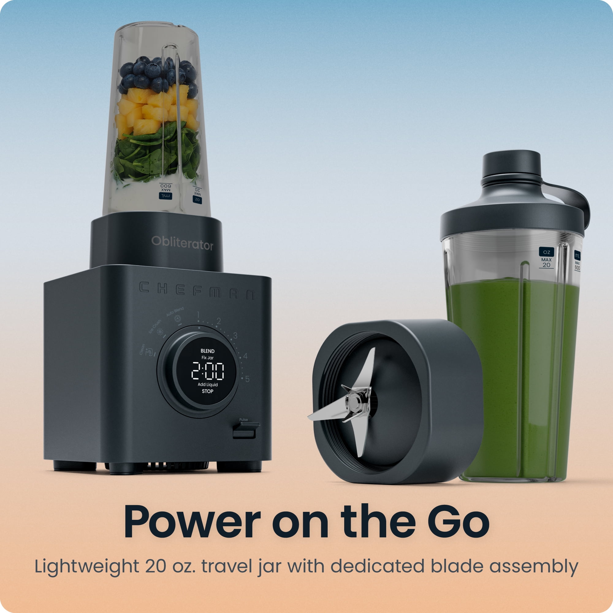 Chefman Obliterator 48oz Countertop Blender w/ 20oz Travel Jar and Tamper/Scraper Tool – Midnight