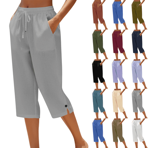 Womens Casual Capri Pants Plus Size Elastic Drawstring Straight Leg Capris Summer Beach Cropped Pants with Pockets,Sizes S-5XL