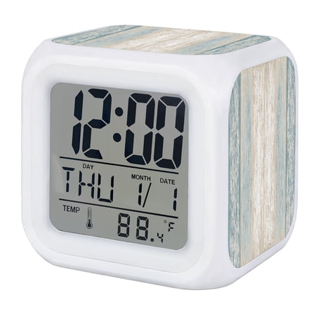 Slate Blue Wooden Digital Alarm Clock for Bedrooms, Smart LED Alarm Clock with 7 Color Changing Night Light, Farmhouse Brown Vintage Distressed Silent Wake Up Clocks for Sleep Study Cooking 3.2x3.2