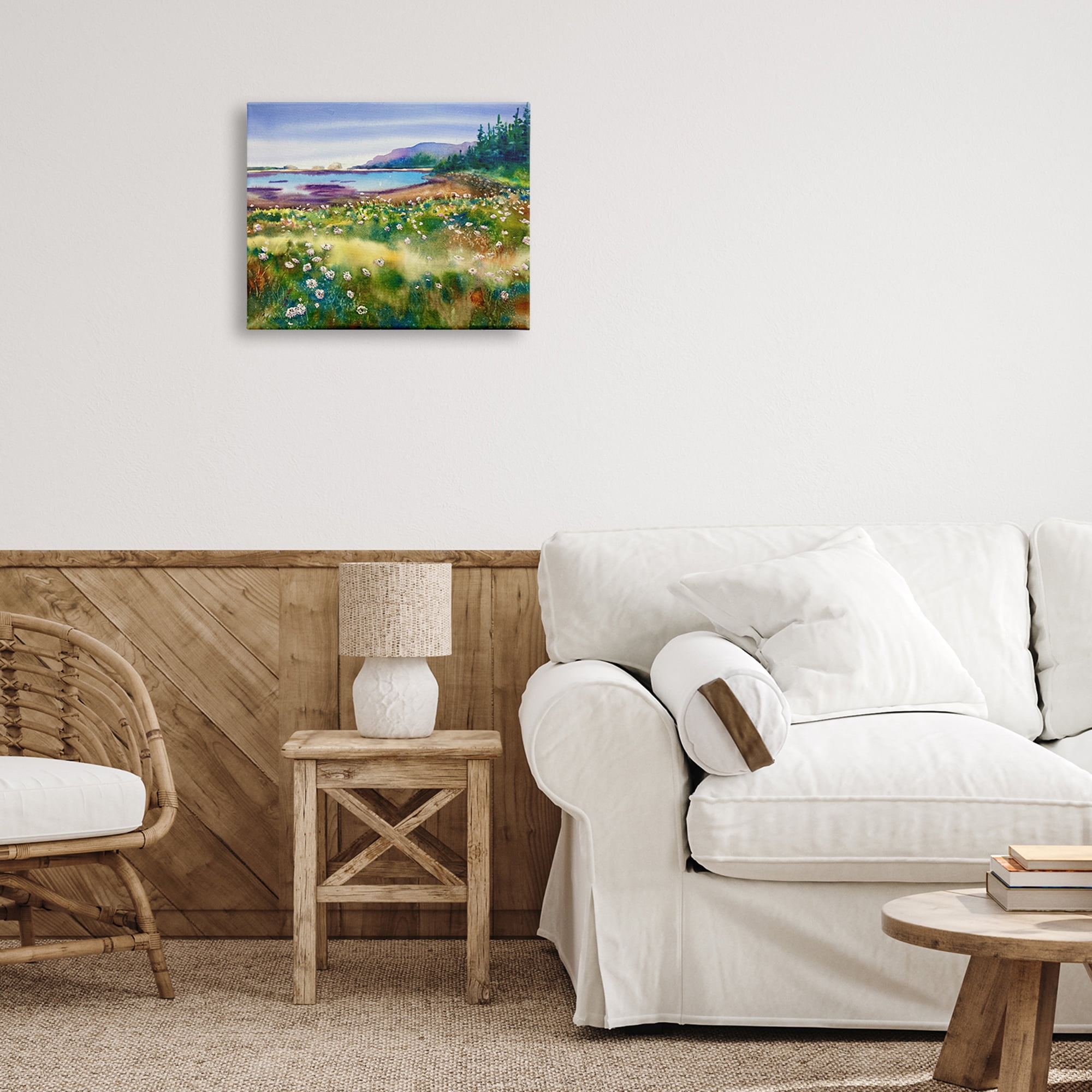 Stupell Industries Soothing Pond View Flower Field Distant Mountains, 20 x 16, Design by MB Cunningham