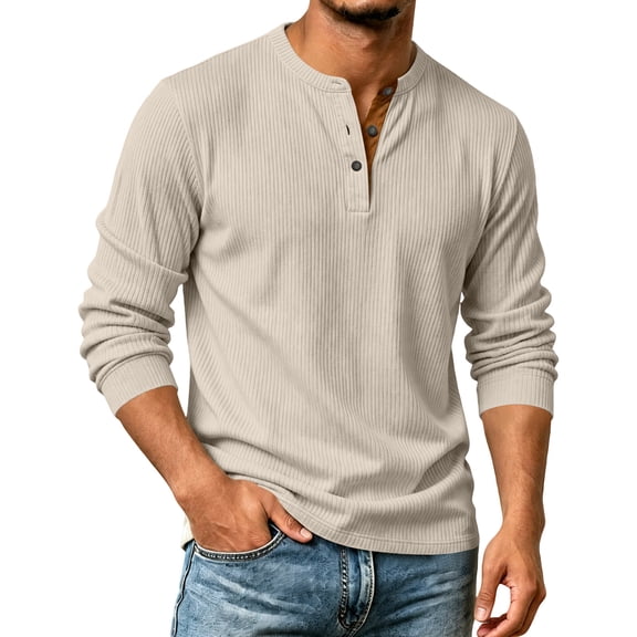 Sewkxo Men's Henley Shirts Corduroy Long Sleeve Button T-Shirt Casual Lightweight Pullover Shirt,Beige XL