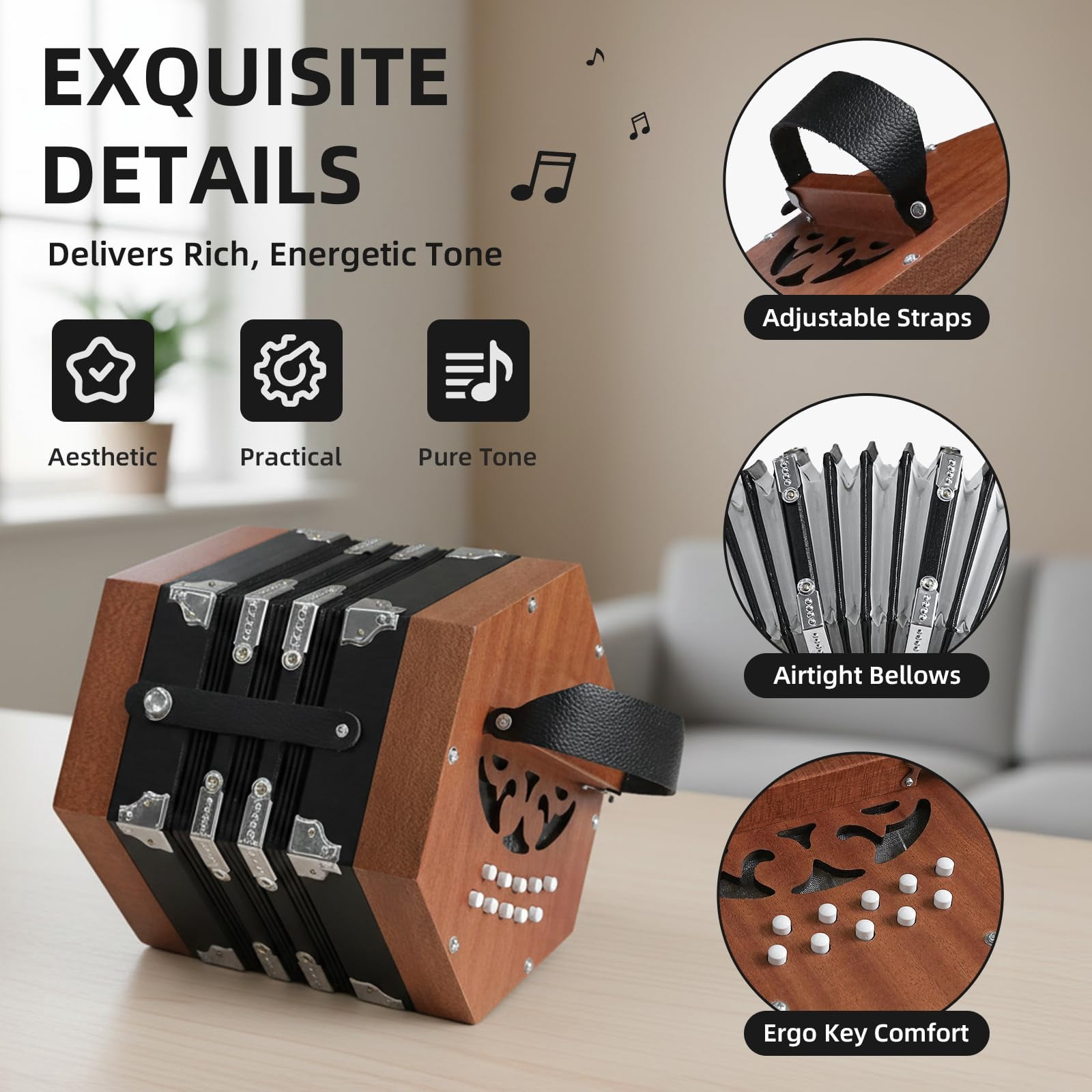Rowadtim 20-Key Wood Concertina Accordion for Adults, Professional Beginner Instrument with Adjustable Hand Straps and Full Accessories