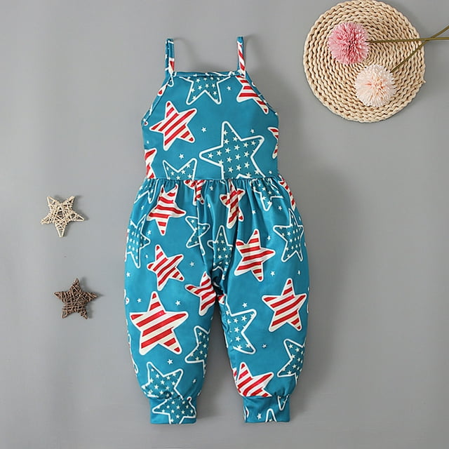 EGNMCR Girls' Jumpsuits & Rompers Girls Children's Summer Independence Day Romper Sling Sleeveless Backless Short Jumpsuit Kid Rompers