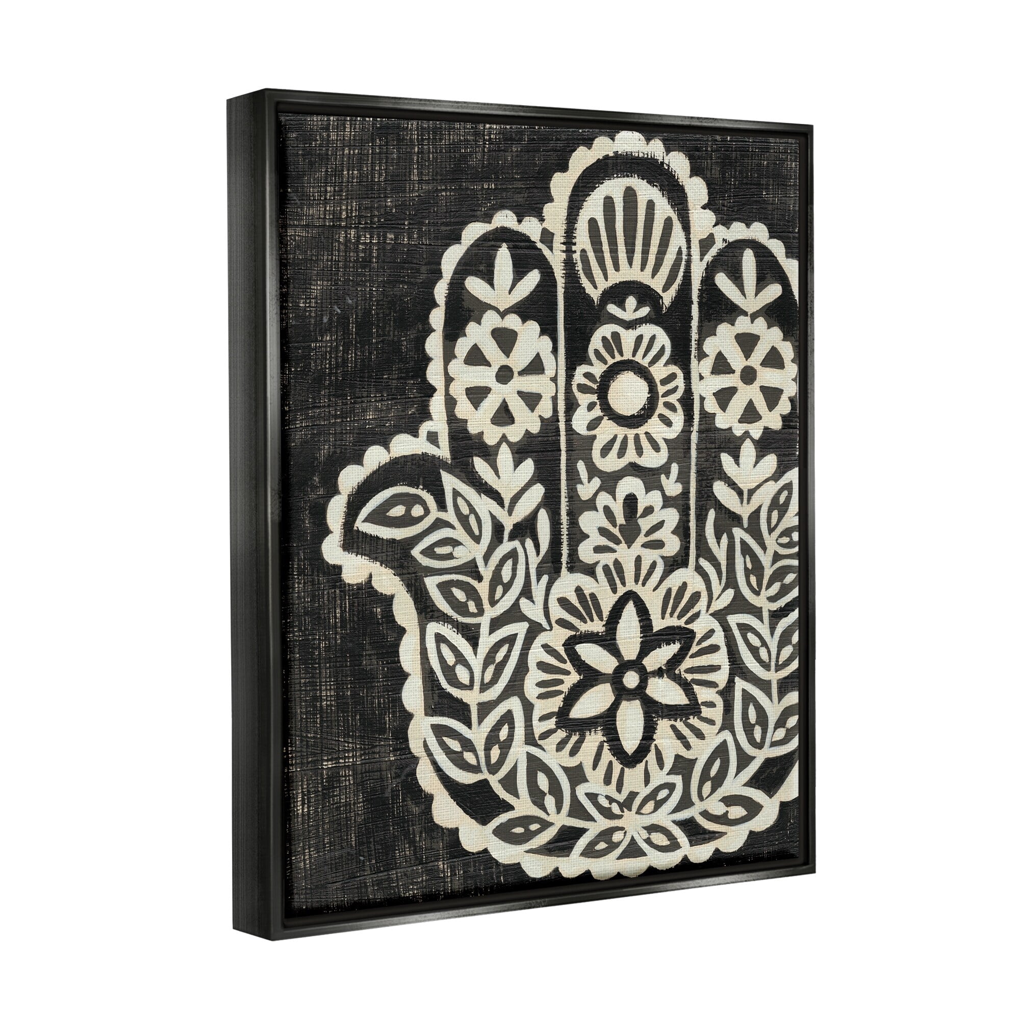 Stupell Industries Floral Pattern Black and White Hamsa Jet Black Framed Floating Canvas Wall Art, 24x30, by Chariklia Zarris