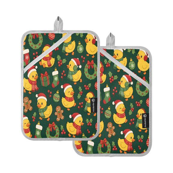Two Pieces Of Square Heat Insulation Pad Oven Mitts Christmas Ducks Fabric Yard 7x9.8 Inch Oven Microwave Kitchen Cooking Baking