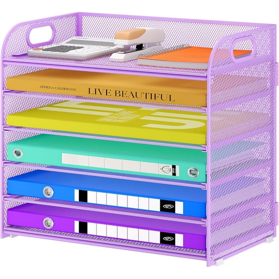 6 Tier Paper Organizer with Handle, Metal Desk Organizer Mesh Paper Letter Tray Desktop File Folder Document Sorter for Classroom, School, Office Accessories Organization and Storage - Purple
