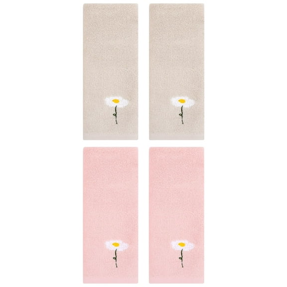 Unique Bargains 4 Pcs Floral Pattern Cotton Hand Towels Light Brown/Pink 13" x 30"