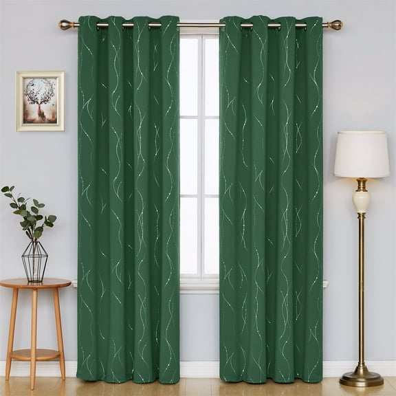 Deconovo Blackout Curtains for Sliding Glass Door Grommet Room Darkening Curtains, Silver Wave Line and Dots (2 Panels, 52" x 108", Dark Forest)