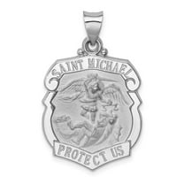 14K White Gold Polished and Satin Hollow Large St. Michael Medal Badge Pendant XR1369