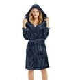 thumbnail image 3 of Women's Plush Fleece Hooded Knee Length Robe Set, Soft Bathrobe with Pockets and Sleep Mask, Cozy Loungewear, Warm Spa Robe with Adjustable Belt, Matching Eye Mask Included Navy XL, 3 of 7