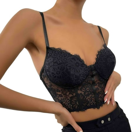 Ramiter Lingerie for Women Plus Size Women Sexy Lace Front Button Shaping Cup Adjustable Shoulder Strap Large Size Underwire Bra S Black