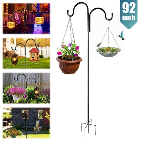 Shepherds Hook for Outdoor, 92 Inch Adjustable Heavy Duty Double Hook Bird Feeder Pole with 5-Prong Base, for Hanging Plants Lanterns, Rust Proof