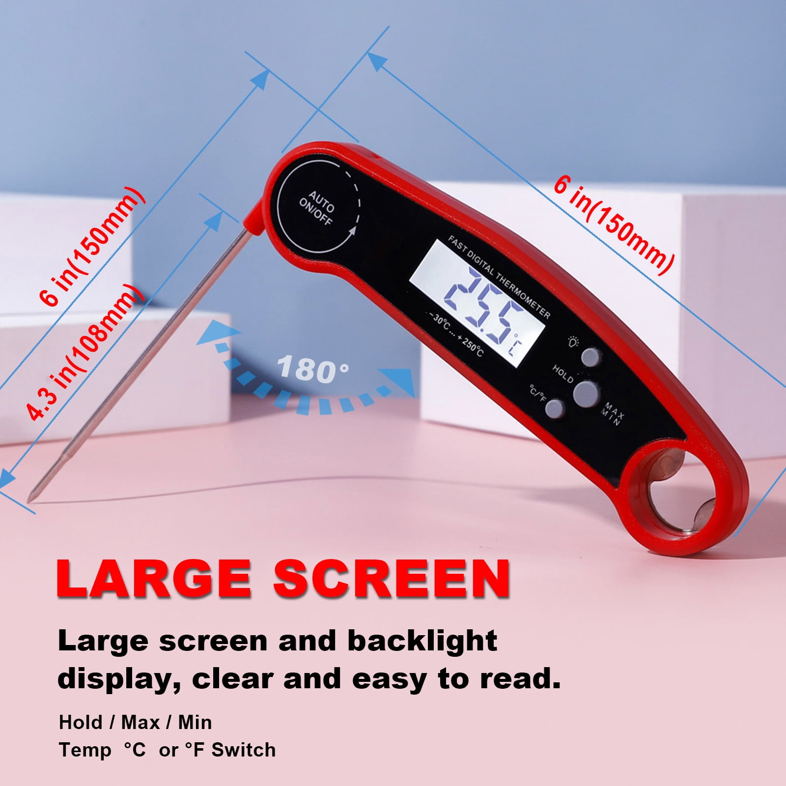 Digital Food Thermometer and Timer  with Backlight, LCD Display, Essential for Outdoor Barbecue, Used for Beef, Turkey, Lamb chops, Cooking