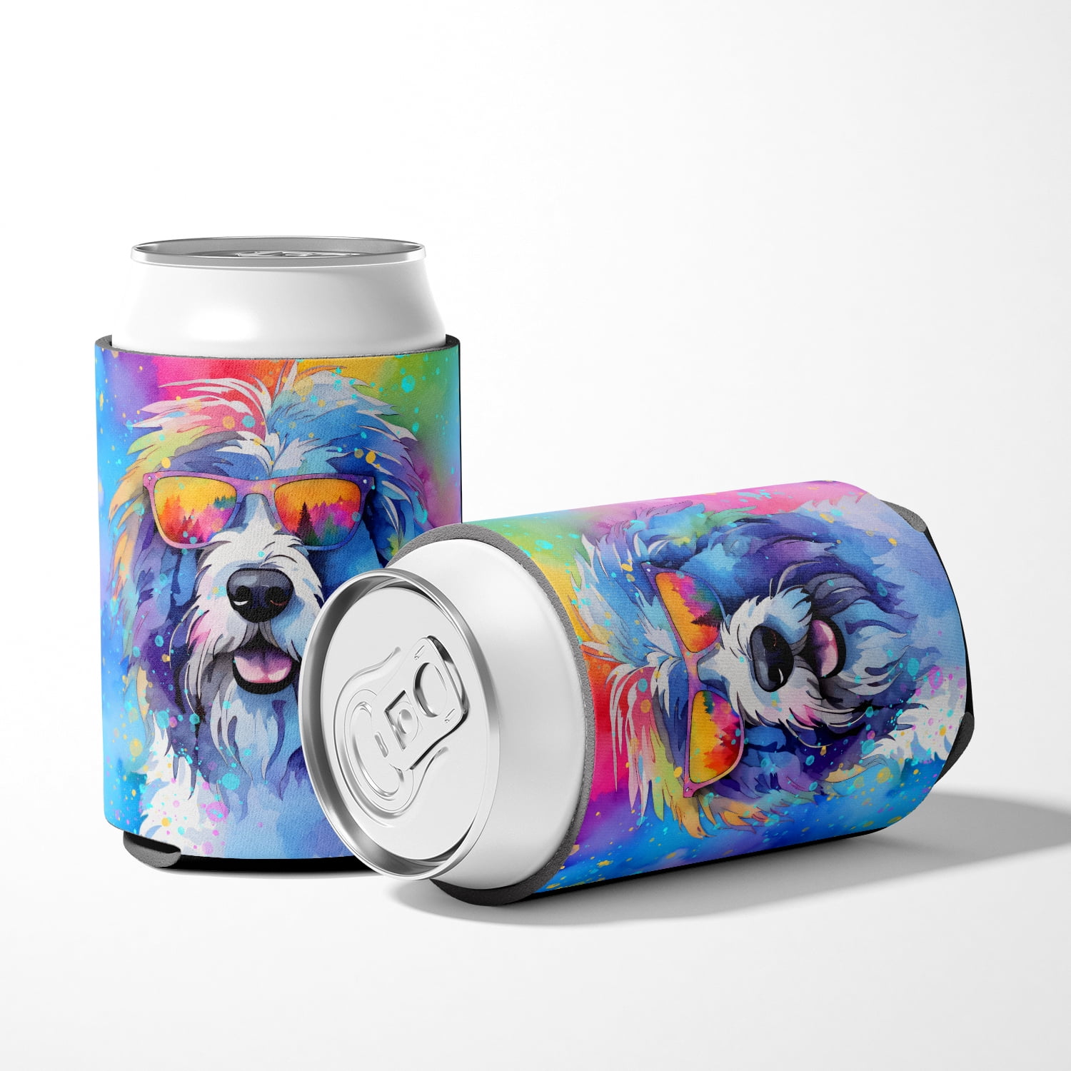 Old English Sheepdog Hippie Dawg Can or Bottle Hugger 3 in x 5 in