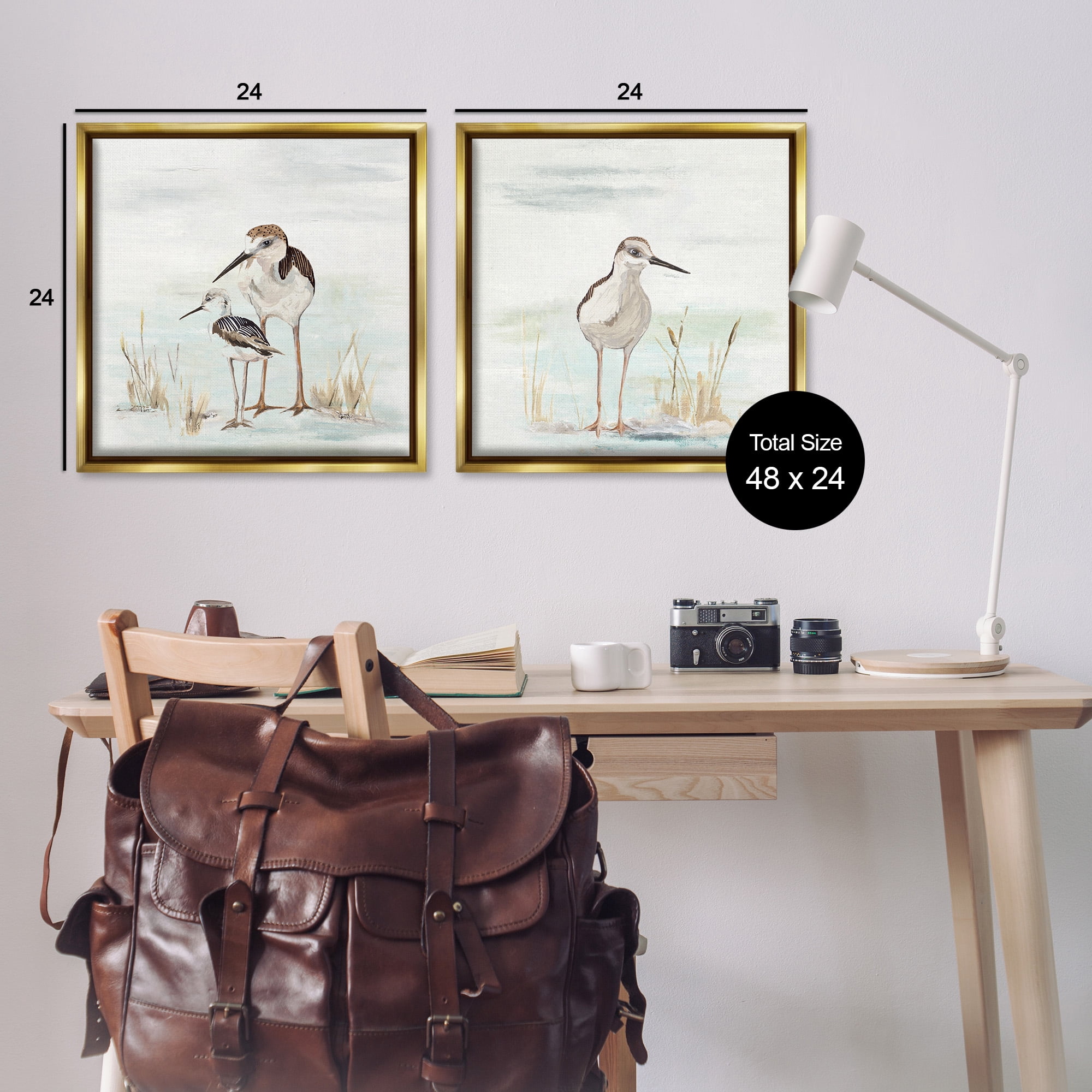 Stupell Industries Sandpipers Among Beach Grasses Animals & Insects Painting Gold Floater Framed Canvas Art Print Wall Art, 25 x 25, Set of 2